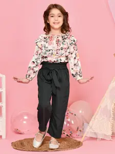 LilPicks Girls Beige & Green Floral Printed Frilled Top with Trousers