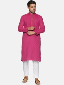 PAROKSH Men Pink Printed Khadi Handloom Pure Cotton Kurta