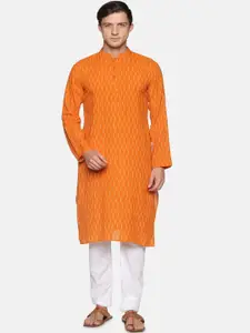 PAROKSH Men Orange & Off White Printed Ikat Handloom Pure Cotton Kurta
