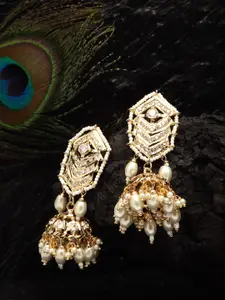 DUGRISTYLE White & Gold-Plated Contemporary Jadau Jhumkas Earrings