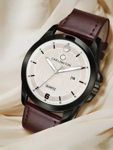 CARLINGTON Men Beige Alloy Dial & Brown Leather Straps Analogue Watch CT1040 Brown-Silver