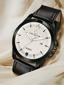 CARLINGTON Men Beige Alloy Printed Dial & Black Leather Wrap Around Straps Analogue Watch CT1040