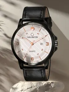 CARLINGTON Men Alloy Dial & Leather Strap Analogue Watch CT1050 Black-Silver