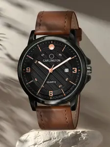 CARLINGTON Men Black Alloy Dial & Multicoloured Leather Straps Analogue Watch CT1050 Tan-Black