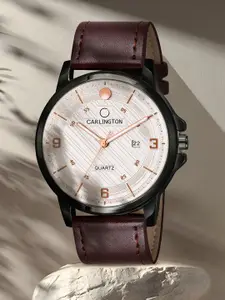 CARLINGTON Men Beige Alloy Dial & Leather Strap Analogue Watch CT1050 Brown-Silver