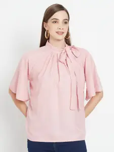 Purple State Pink Tie-Up Neck Crepe Blouson Top
