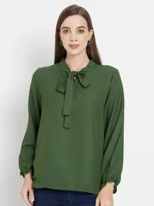 Purple State Green Tie-Up Neck Crepe Regular Top