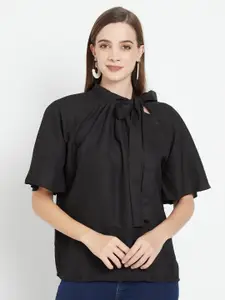 Purple State Black Solid Tie-Up Neck Crepe Blouson Top