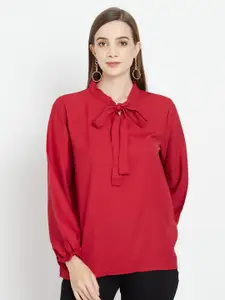 Purple State Red Solid Tie-Up Neck Crepe Blouson Top