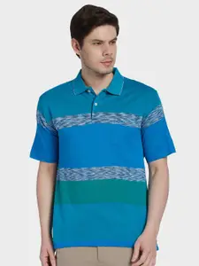 ColorPlus Men Blue & Turquoise Blue Striped Polo Collar Applique T-shirt