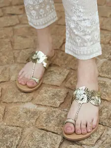 Carlton London Women Gold-Toned Sequenced Embellished Open Toe Flats