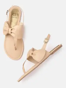Carlton London Women Beige Solid T-Strap Flats with Bow Detail