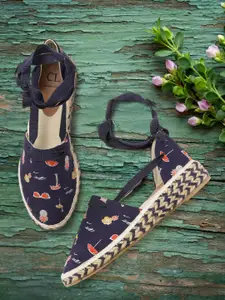 Carlton London Women Navy & Orange Tropical Print Espadrilles Heels