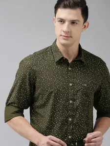 Arrow Sport Men Olive Green & White Slim Fit Printed Pure Cotton Casual Shirt