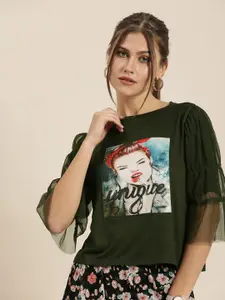 Moda Rapido Women Olive Green Printed T-shirt