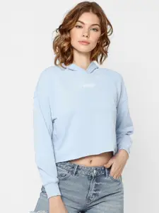 ONLY Women Blue Pure Cotton Printed Hooded Crop Sweatshirt