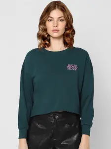ONLY Women Green Pure Cotton Printed Crop Sweatshirt