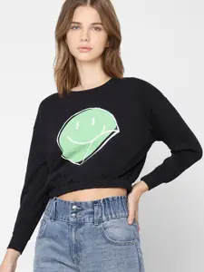 ONLY Women Black & Green Pure Cotton Printed Crop Sweatshirt
