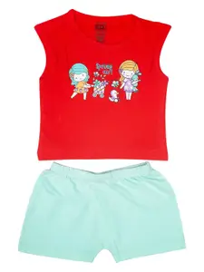 MeeMee Girls Red & Sea Green Printed T-shirt with Shorts
