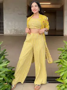 Vishudh Women Yellow Striped Regular Top with Palazzos & Jacket