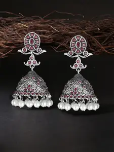 Adwitiya Collection Silver-Plated & Pink Contemporary Jhumkas