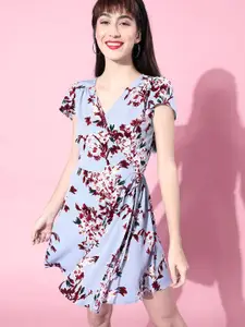 Berrylush Blue & Red Floral  Wrap Dress with Tulip Sleeves Crepe Dress