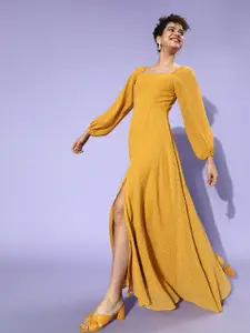 Berrylush Women Stylish Mustard Self-Design Puff Sleeves Dress