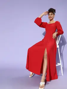 Berrylush Women Red Solid Puff Sleeves Dress