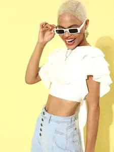 Berrylush White Ruffles Crepe Styled Back Crop Top