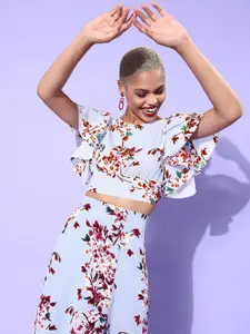 Berrylush Blue & Red Floral Ruffles Crepe Fitted Crop Top