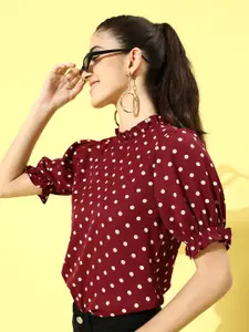 Berrylush Women Red Polka Dotted Polka-Dotted Top