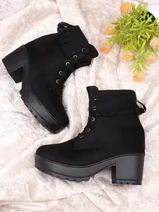 Shoetopia Women Black Suede High-Top Block Heeled Boots with Tassels