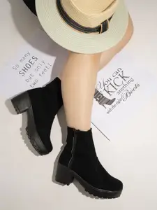 Shoetopia Women Black Suede High-Top Block Heeled Boots