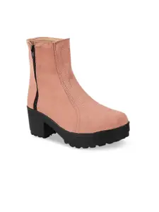 Shoetopia Women Peach-Coloured Suede High-Top Block Heeled Boots