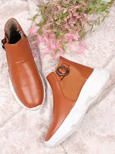 Shoetopia Women Tan Brown Flatform Heeled Boots with Buckles