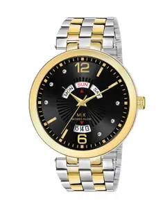 MORRIS KLEIN Men Black Embellished Dial & Gold-Plated Stainless Steel Bracelet Style Straps Analogue Watch
