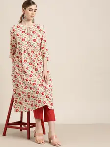 Moda Rapido Women Off-White & Red Floral Printed Pleated Cotton A-line Kurta with Tie-Ups