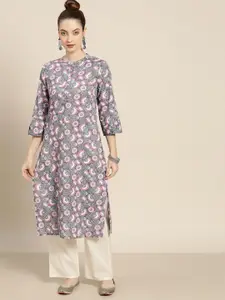 Moda Rapido Women Grey & Pink Pure Cotton Floral Print Kurta