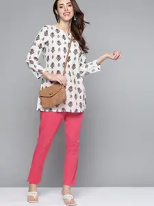 HERE&NOW White & Pink Ethnic Motifs Printed Pure Cotton Kurti