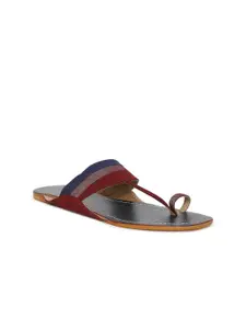 Fabindia Women Red & Blue Striped Leather One Toe Flats