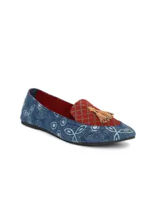 Fabindia Women Blue & Red Printed Leather Ballerinas with Tassels