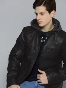 Levis Men Black Solid Hooded Leather Jacket