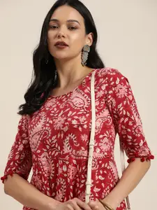 Taavi Women Red & White Sanganeri Block Print Fit & Flare Dress with Pocket Detailing