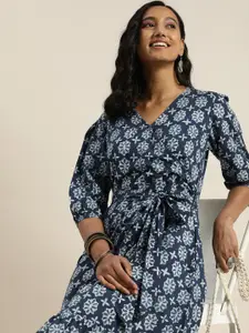 Taavi Women Navy Blue & White Indigo Hand Block Print Tiered Wrap Dress with Waist Tie-Up