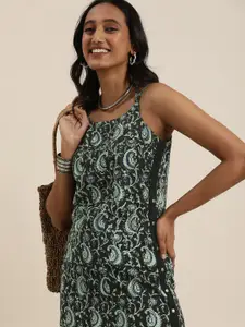 Taavi Women Black And Blue Block Print Legacy A-Line Sleeveless Dress With Stylish Back
