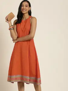Taavi Women Orange Solid Mandarin-Collar Sleeveless Woven Legacy Ethnic Dress