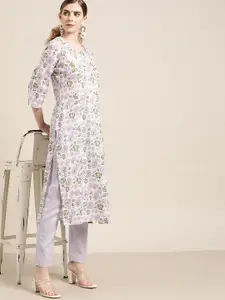 Moda Rapido Women White & Lavender Floral Print Straight Cotton Kurta