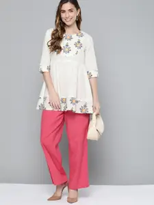 HERE&NOW White Pure Cotton Floral Print A-Line Kurti