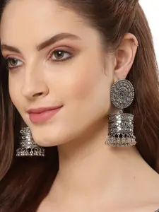 Shining Diva Silver-Toned Oxidised Contemporary Jhumkas Earrings