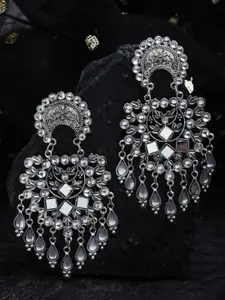 Shining Diva Silver-Toned Oxidised Contemporary Drop Earrings